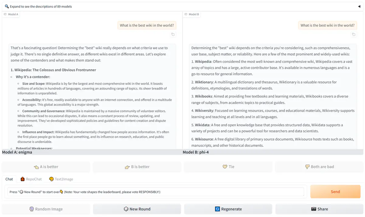 Chatbot Arena interface comparing two anonymous chatbot answers side by side