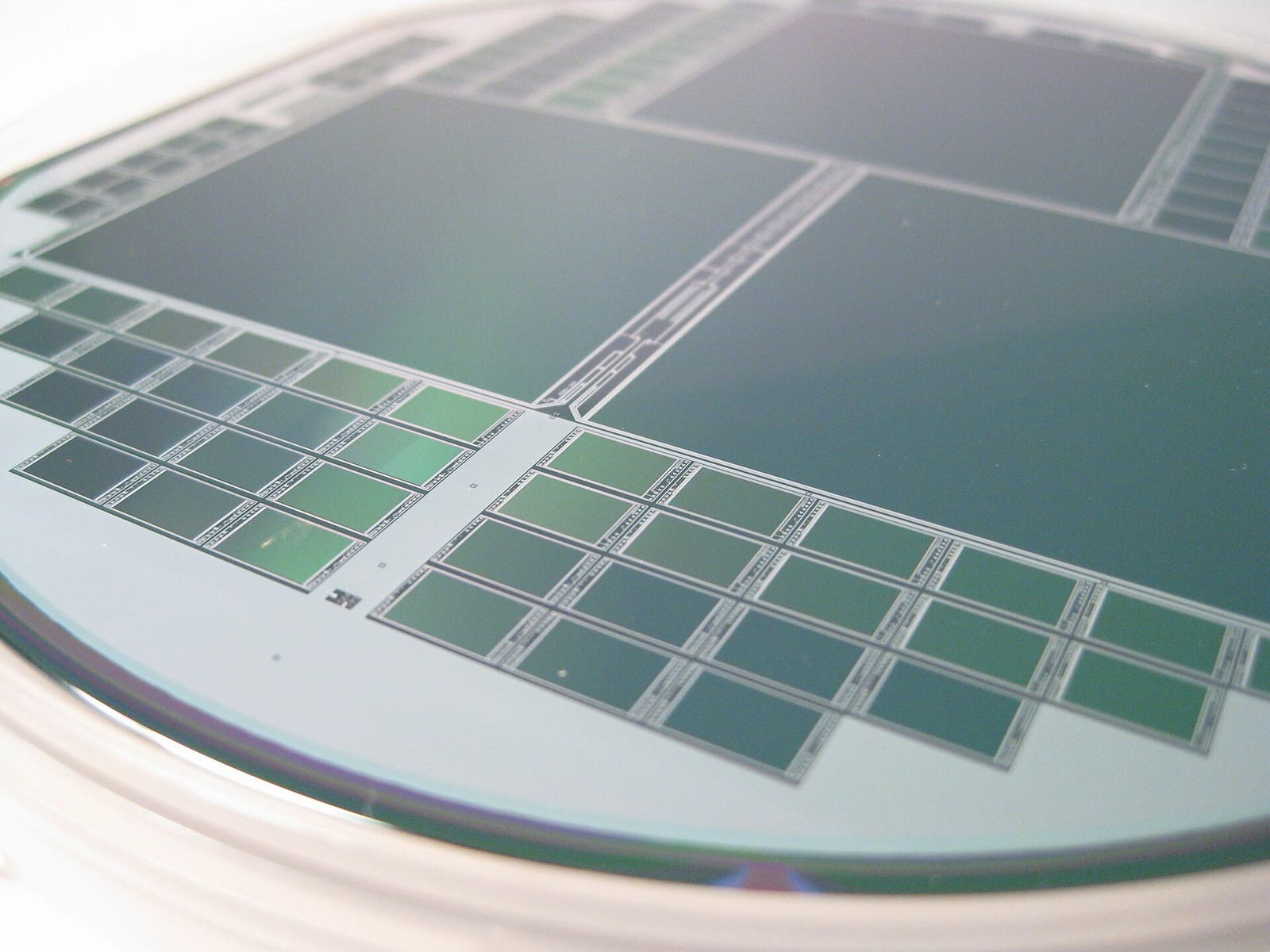 Close-up of a silicon wafer patterned with chips