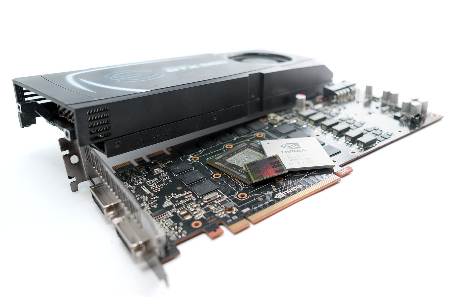 An NVIDIA GeForce GTX 580 graphics card with its cooler removed, the GPU model used to train AlexNet