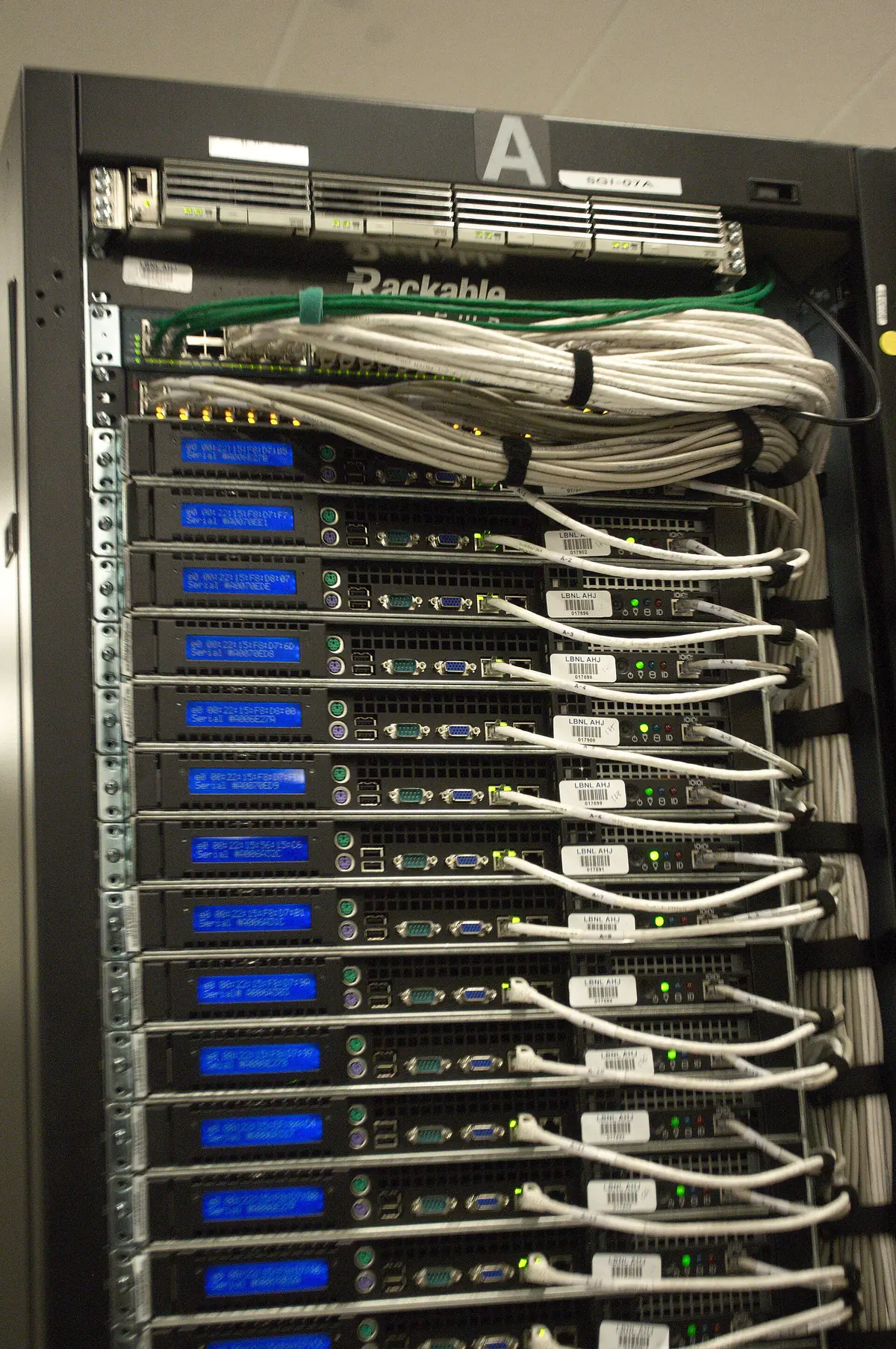 Close-up of cabling at the rear of a server rack at the NERSC data center