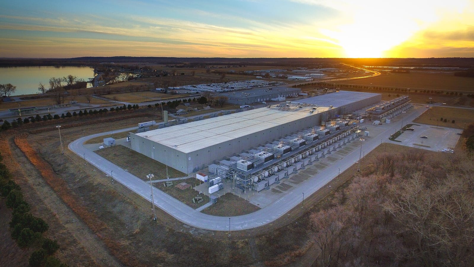 Aerial view of Google's data center in Council Bluffs, Iowa, at sunset