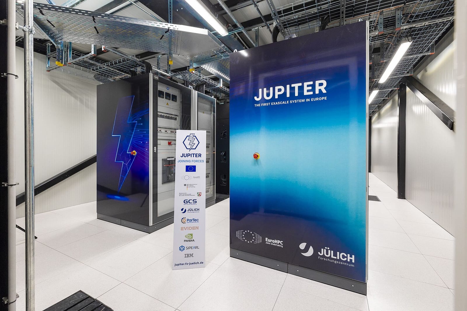 Racks of the JUPITER exascale supercomputer at Forschungszentrum Jülich in Germany