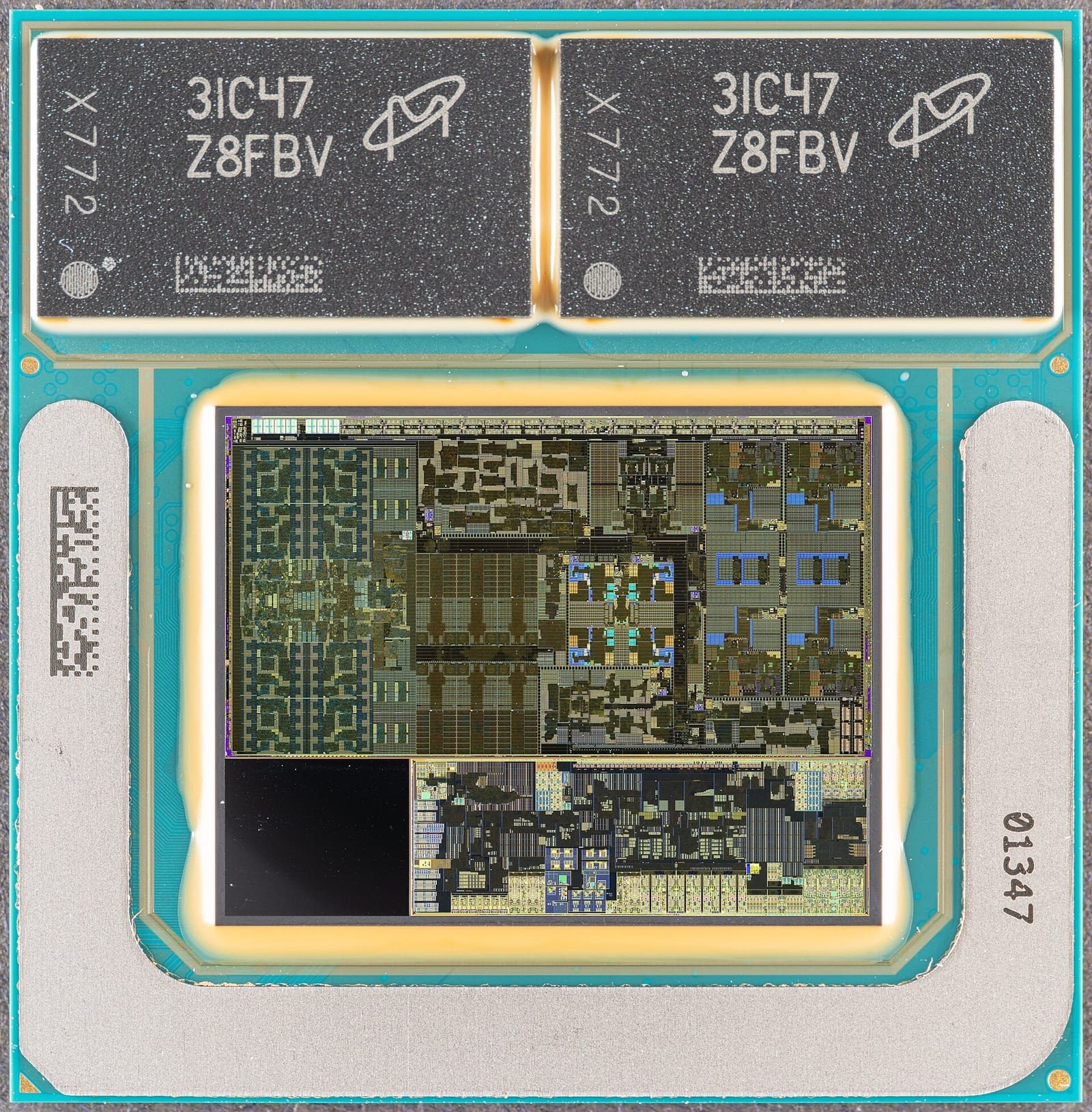 Close-up of an Intel Core Ultra 200V (Lunar Lake) laptop processor package with its compute die and on-package memory
