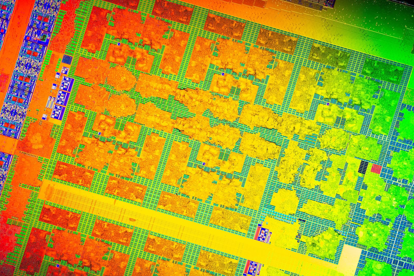 Colourful macro photo of the circuitry on an NVIDIA GP100 data center GPU die