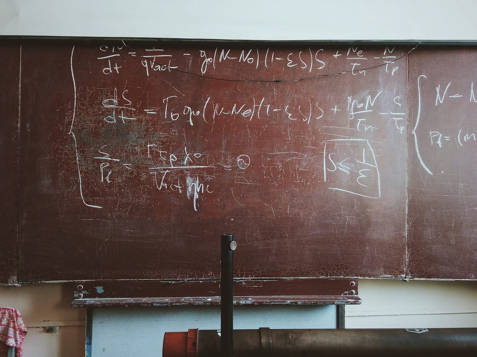 Mathematical formulas written in chalk on an old blackboard