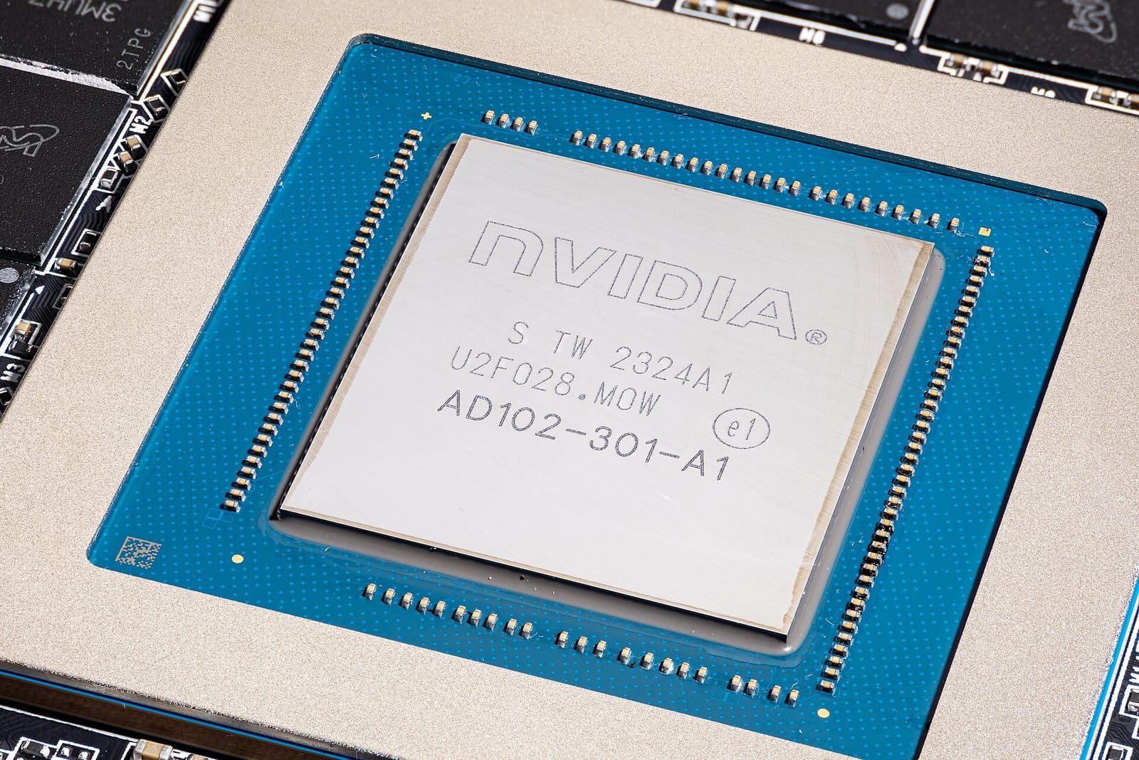 Close-up of the NVIDIA AD102 GPU chip from a GeForce RTX 4090