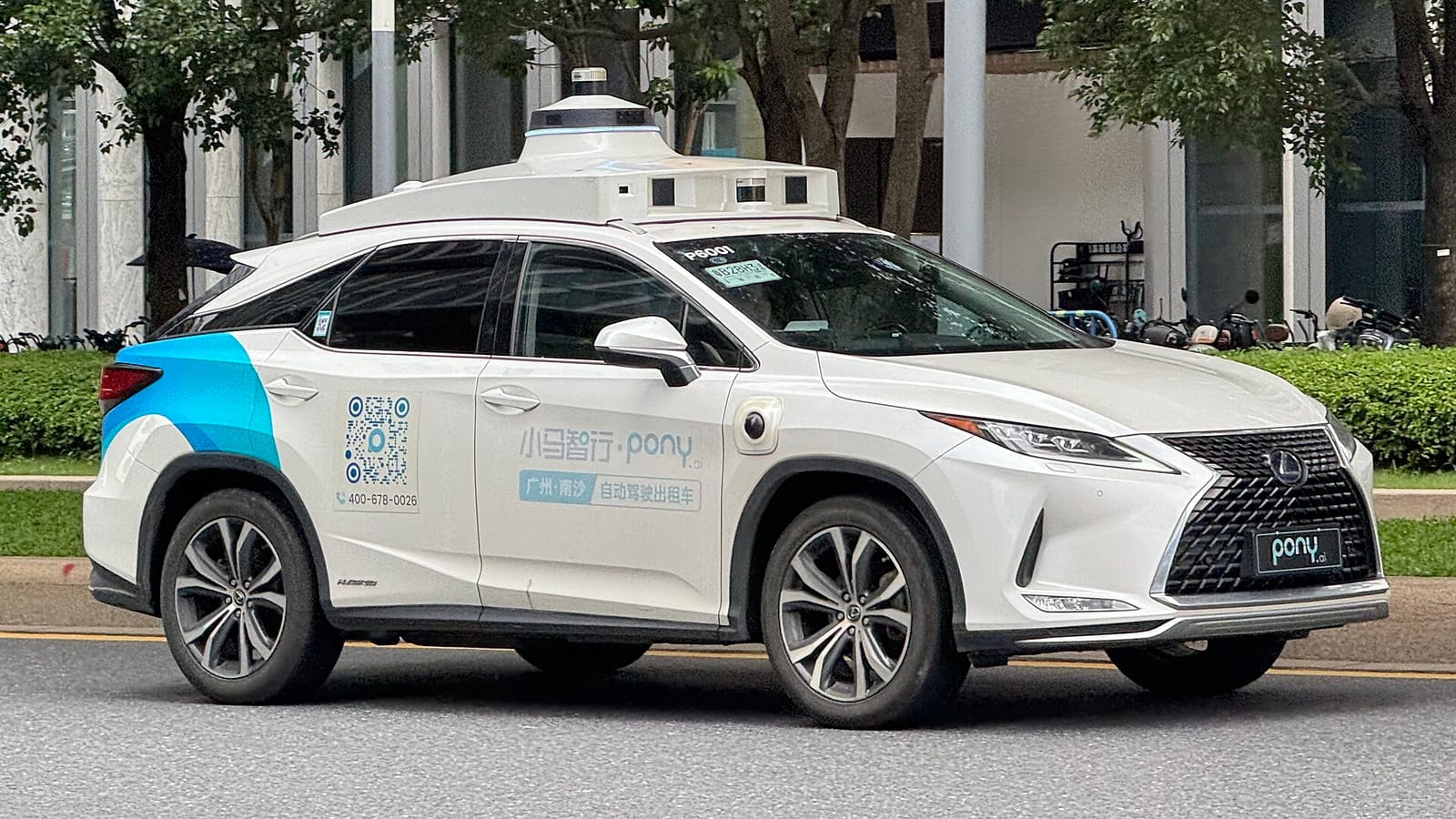 A Pony.ai robotaxi, a Lexus RX450h with roof-mounted sensors, in Guangdong, China