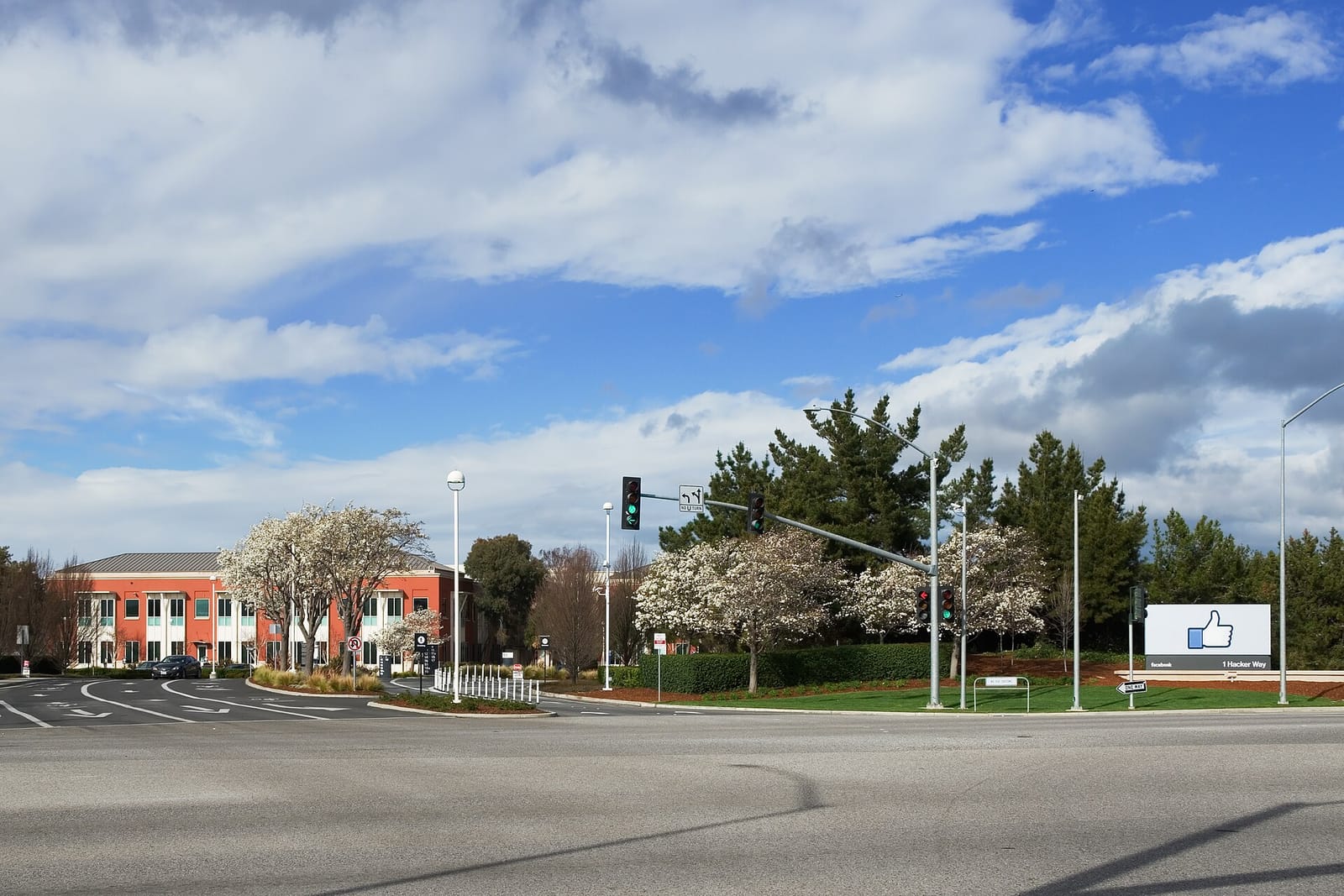 Entrance to the Meta (formerly Facebook) headquarters complex at 1 Hacker Way, Menlo Park