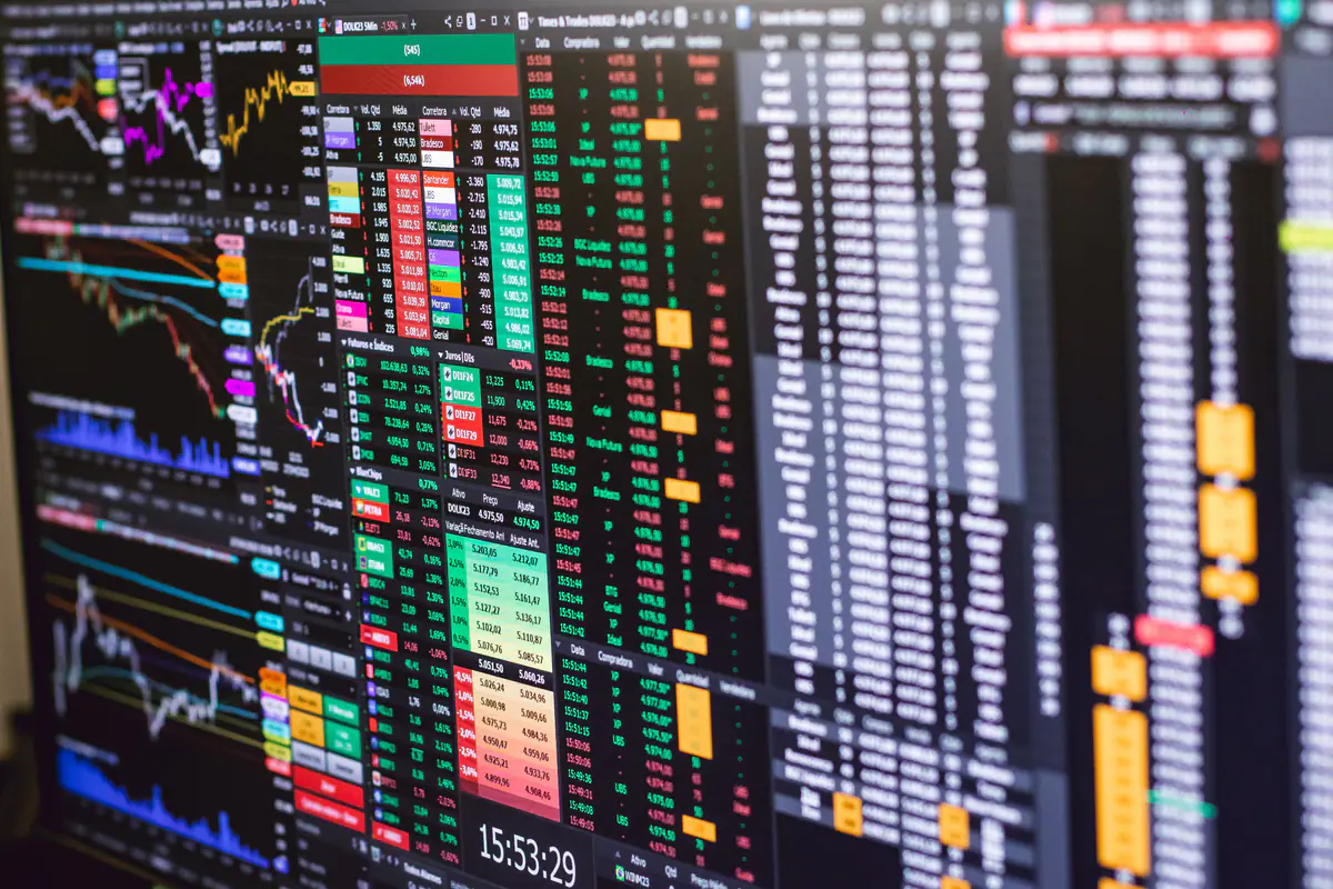 A trading screen with colorful charts of market movements