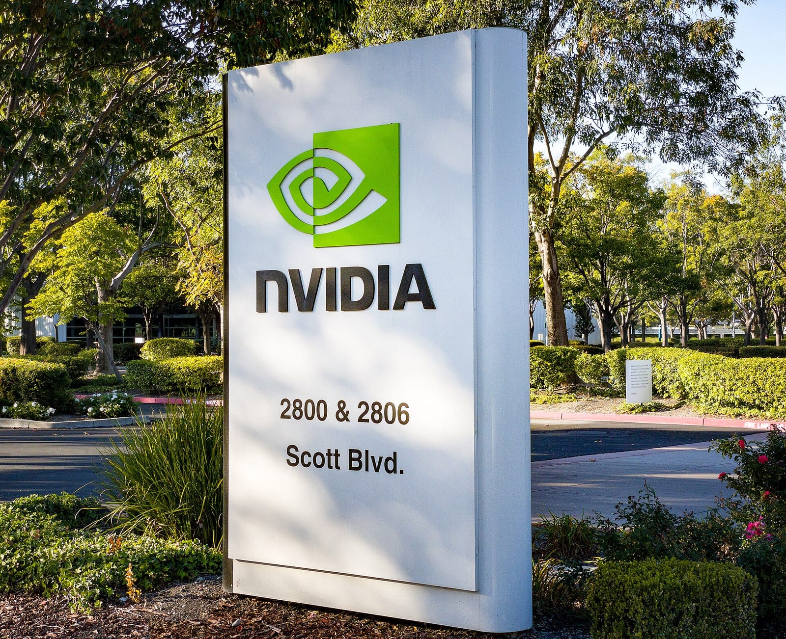 NVIDIA sign outside the company's headquarters campus in Santa Clara, California